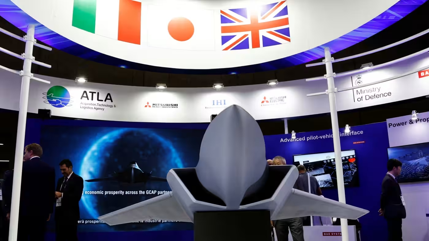 A concept model of the Global Combat Air Programme's fighter jet is displayed at a defense show in Japan in March 2023.