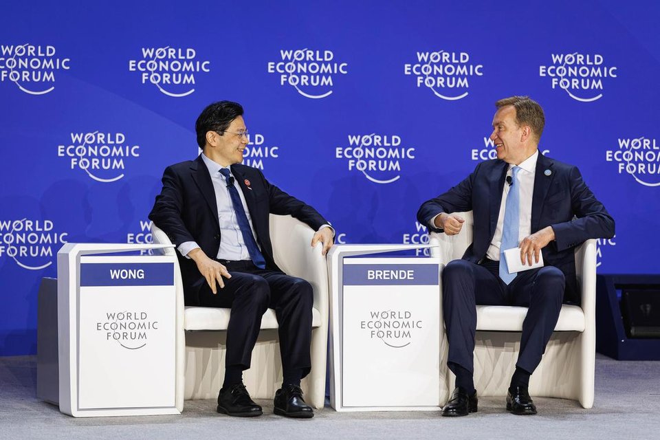 Prime Minister Lawrence Wong (left) and World Economic Forum (WEF) president Borge Brende at a WEF event in Tianjin, on June 25.PHOTO: MDDI