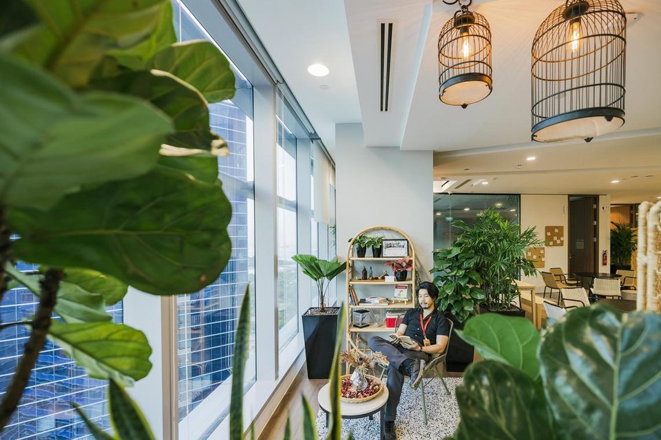 A wellness space decorated with plants and bamboo furniture at DBS Bank's Marina Bay Financial Centre office.  PHOTO: DBS BANK