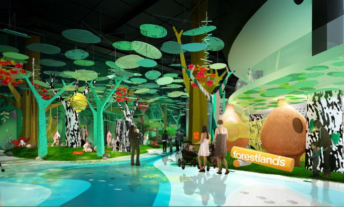 Image 6: An artistic depiction of Curiosity Cove, an interactive playscape of hypernatural landscapes, designed for children to nurture a love for nature and wildlife through play and imagination. Image is for illustrative purposes only and may not represent the final product. Photo credit: Mandai Wildlife Group