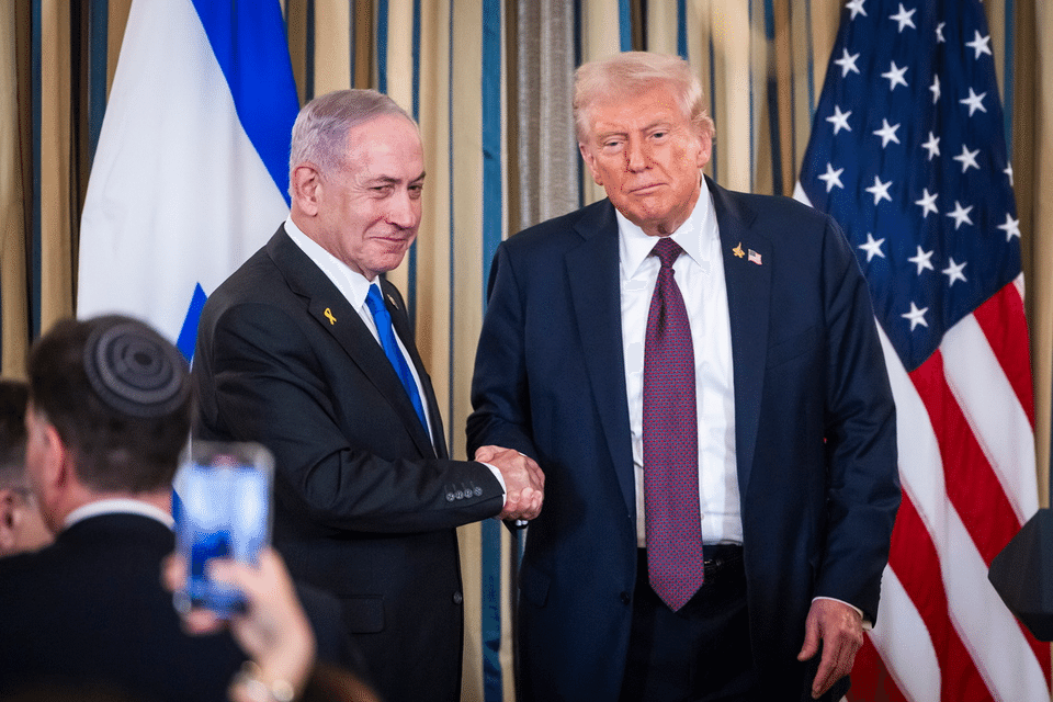 US President Donald Trump and Israeli Prime Minister Benjamin Netanyahu hold a joint press conference in the State Dining Room at the White House, in Washington, on Sept 29.