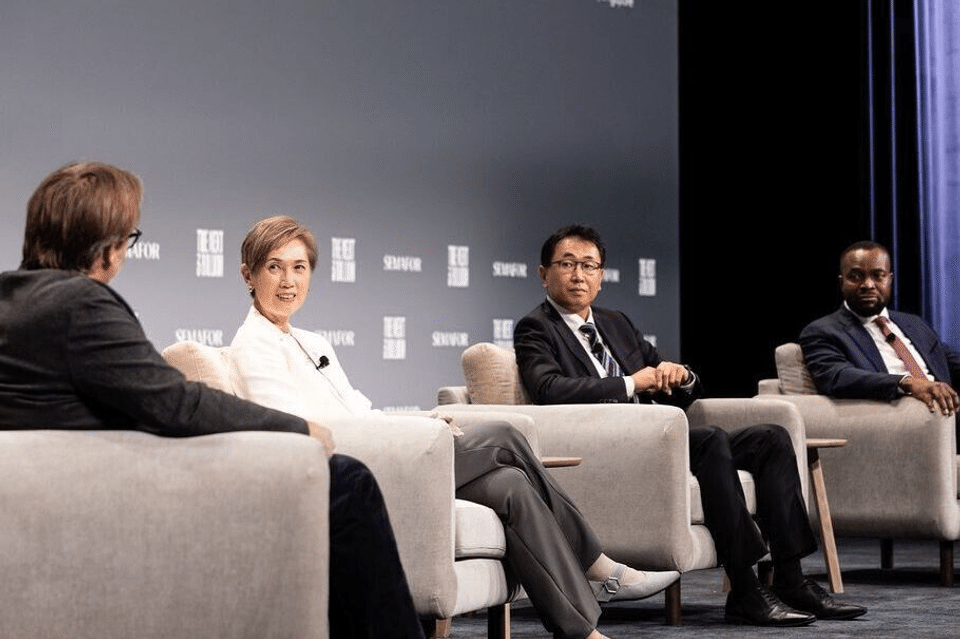 Minister of Digital Development and Information Josephine Teo (second from left) with (from right) Nigeria Minister of Communications and Digital Economy Bosun Tijani and Vice-President for Digital Transformation at the World Bank Sangbu Kim at the SGDG in New York on Sept 25.  PHOTO: LINKEDIN/JOSEPHINE TEO