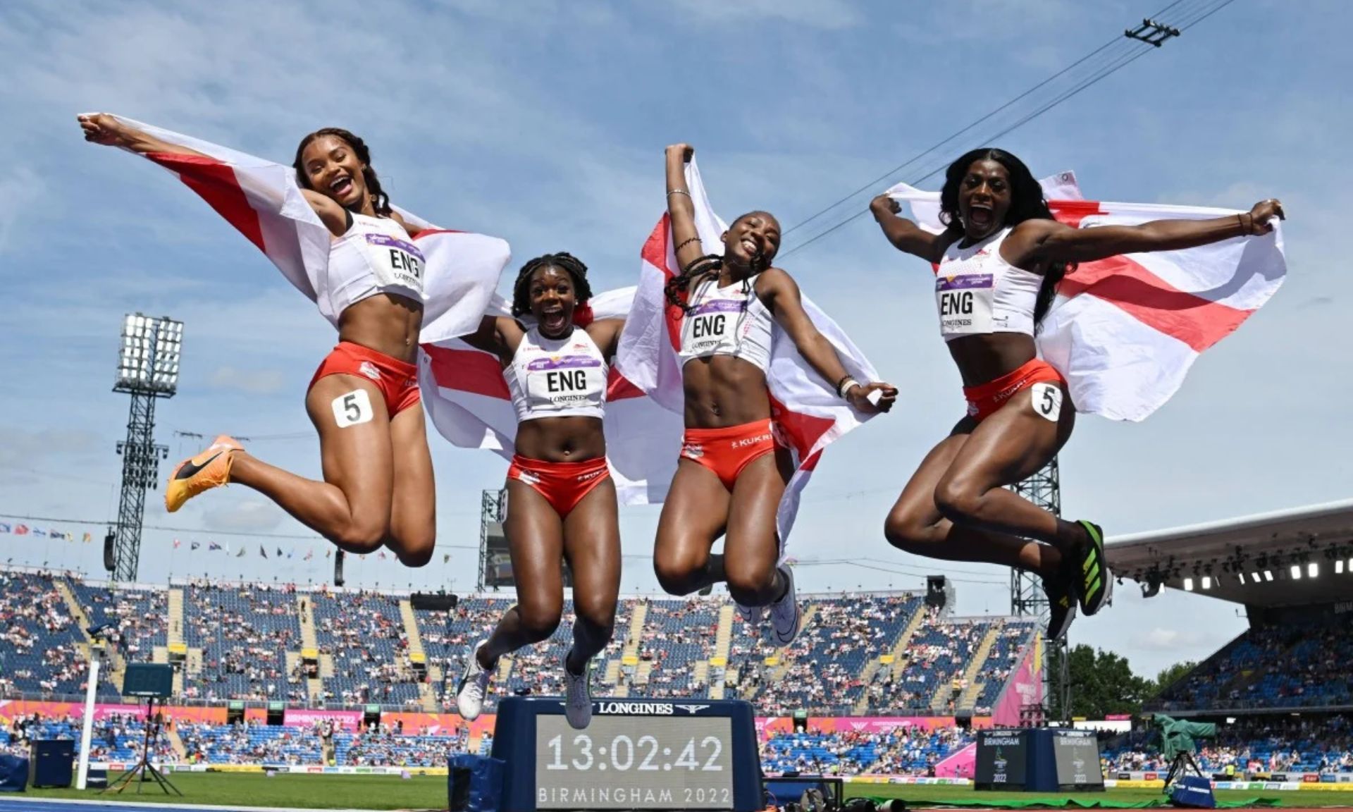 Silver medallists Asha Philip, Imani Lansiquot, Bianca Williams and Daryll Neita celebrate after the women’s 4x100m relay final at the 2022 Commonwealth Games in Birmingham.