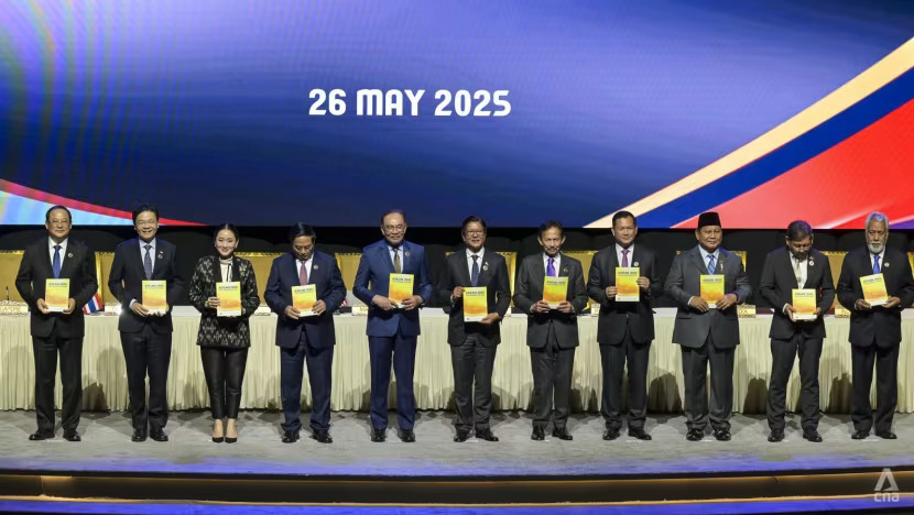 ASEAN leaders hold copies of the ASEAN 2045: Our Shared Future book during the signing ceremony of the Kuala Lumpur Declaration at the 46th ASEAN Summit. (Photo: CNA/Fadza Ishak)