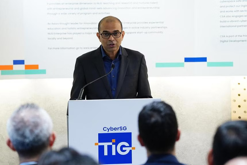 Senior Minister of State for Digital Development and Information Janil Puthucheary speaking at the opening of the CyberSG TIG Collaboration Centre on July 15.