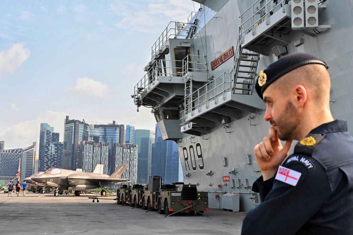 British F-35B fighter jets on the flight deck of the British aircraft carrier HMS Prince of Wales, docked at the Marina Bay Cruise Centre on June 24, 2025.ST PHOTO: CHONG JUN LIANG