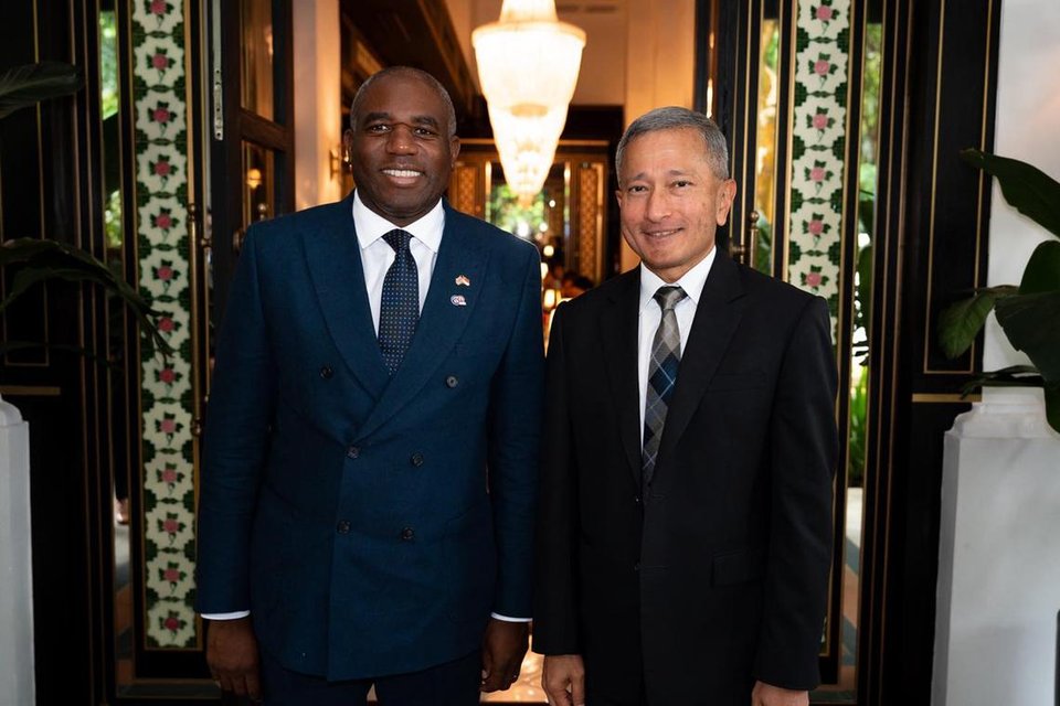 Minister for Foreign Affairs Vivian Balakrishnan (right) hosted lunch for British Foreign Secretary David Lammy on July 12.  PHOTO: MFA