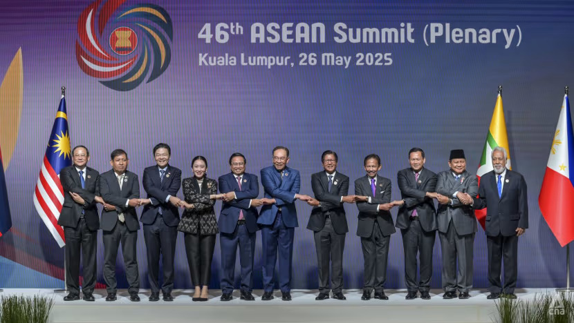 (From left) Laos' Prime Minister Sonexay Siphandone, Myanmar's Permanent Secretary of Foreign Affairs Aung Kyaw Moe, Singapore's Prime Minister Lawrence Wong, Thailand's Prime Minister Paetongtarn Shinawatra, Vietnam's Prime Minister Pham Minh Chinh, Malaysia's Prime Minister Anwar Ibrahim, Philippines President Ferdinand Marcos Jr, Brunei's Sultan Hassanal Bolkiah, Cambodia's Prime Minister Hun Manet, Indonesia President Prabowo Subianto and Prime Minister of Timor-Leste Xanana Gusmao at the 46th ASEAN Summit in Kuala Lumpur on May 26, 2025 (Photo: CNA/Fadza Ishak)